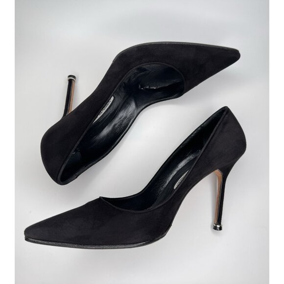 Manolo Blahnik Bipunta Size 39,5 Black Suede Leather Pumps Silver Heel Detail - Picture 8 of 11